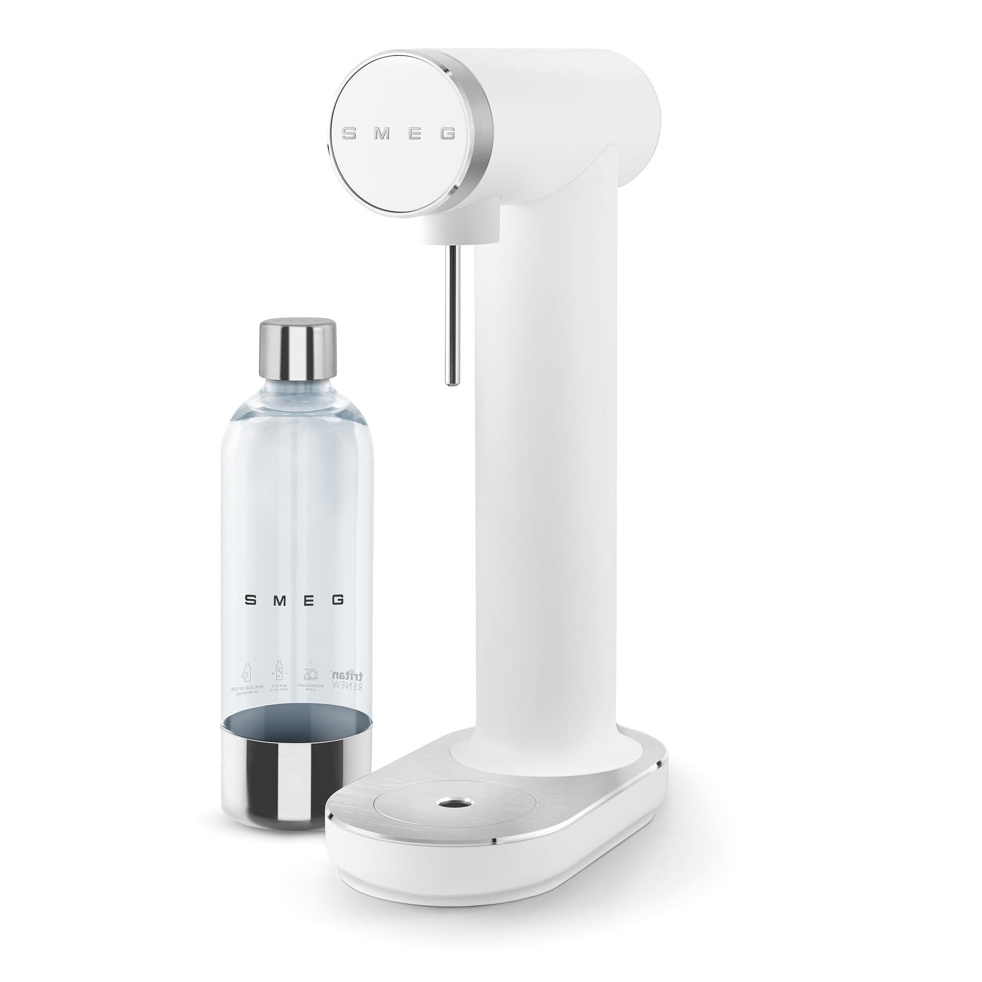 White soda maker with bottle on a white background, featuring the Smeg brand.