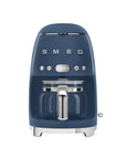 Front view of navy blue Smeg coffee machine on a white background