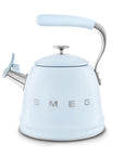 Pastel Blue SMEG retro style stovetop whistling kettle on a white background
