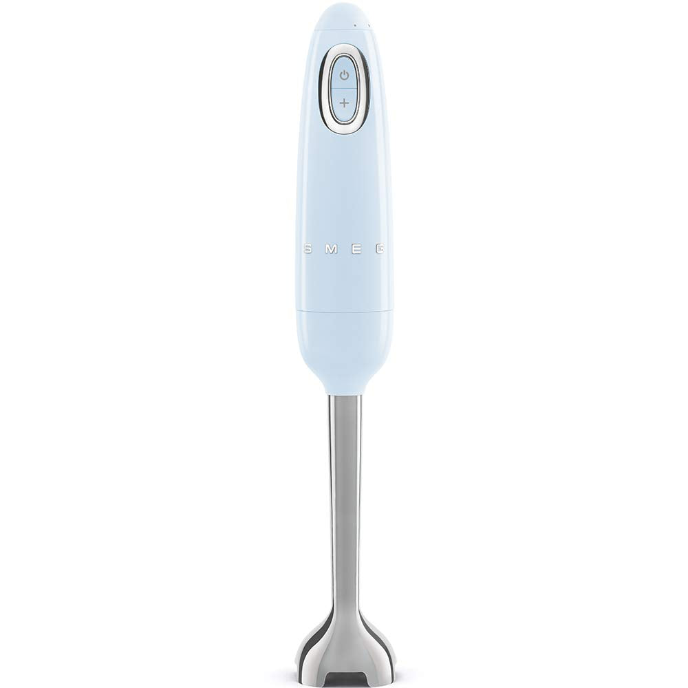 Pastel blue handheld blender on a white background