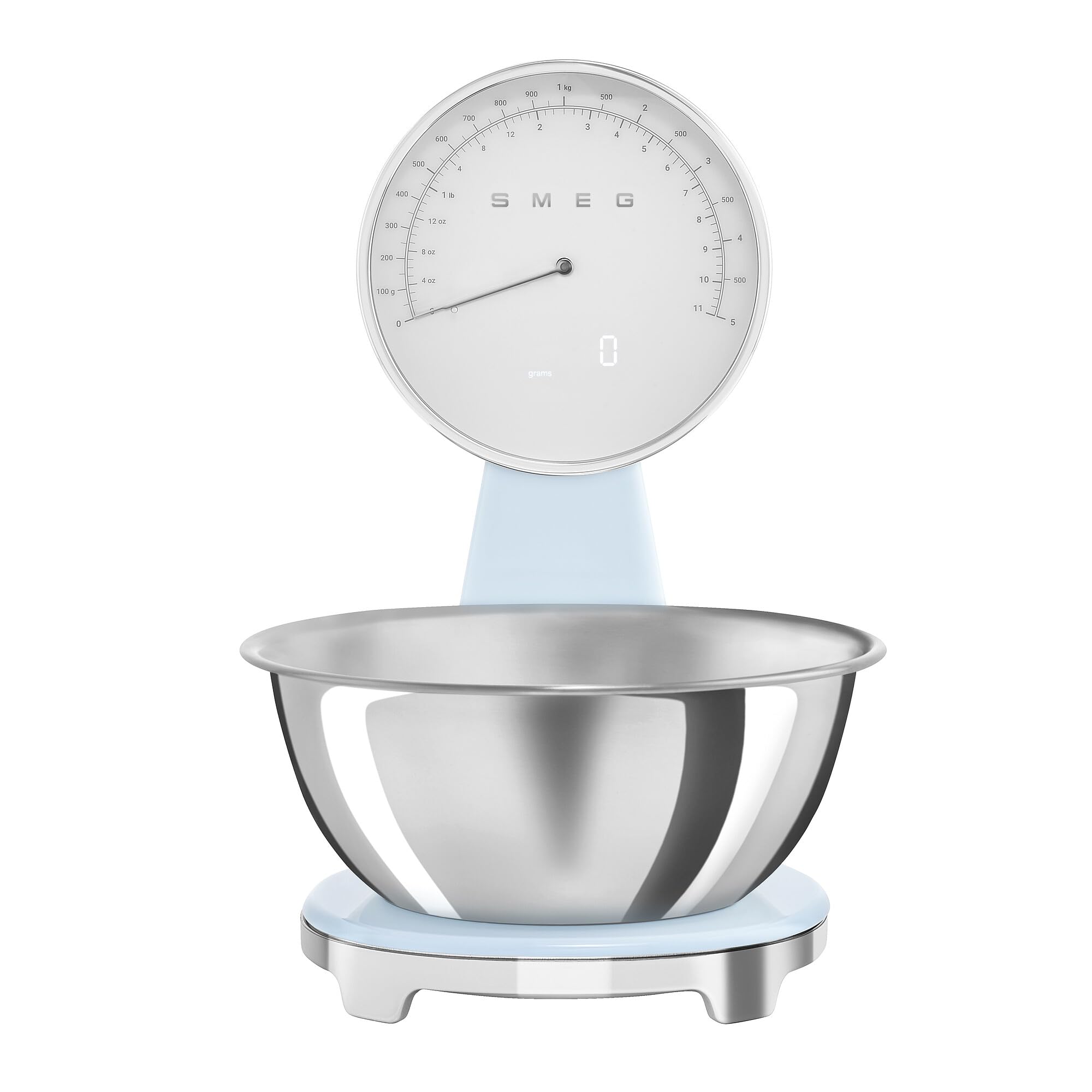 Front of a pastel blue Smeg retro style analog digital kitchen scale with a silver bowl on a white background