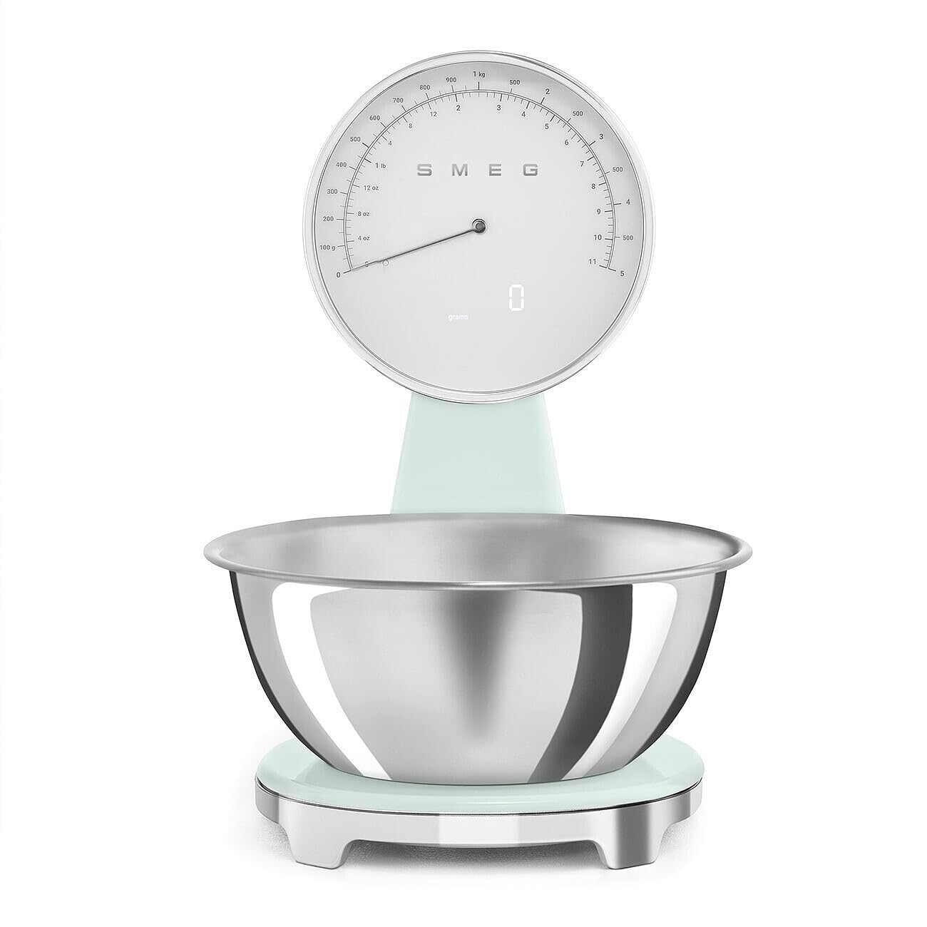 Front of a pastel green Smeg retro style analog digital kitchen scale with a silver bowl on a white background