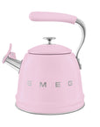 Pink kettle with 'Smeg' branding on a white background