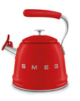 Red SMEG retro style stovetop whistling kettle on a white background