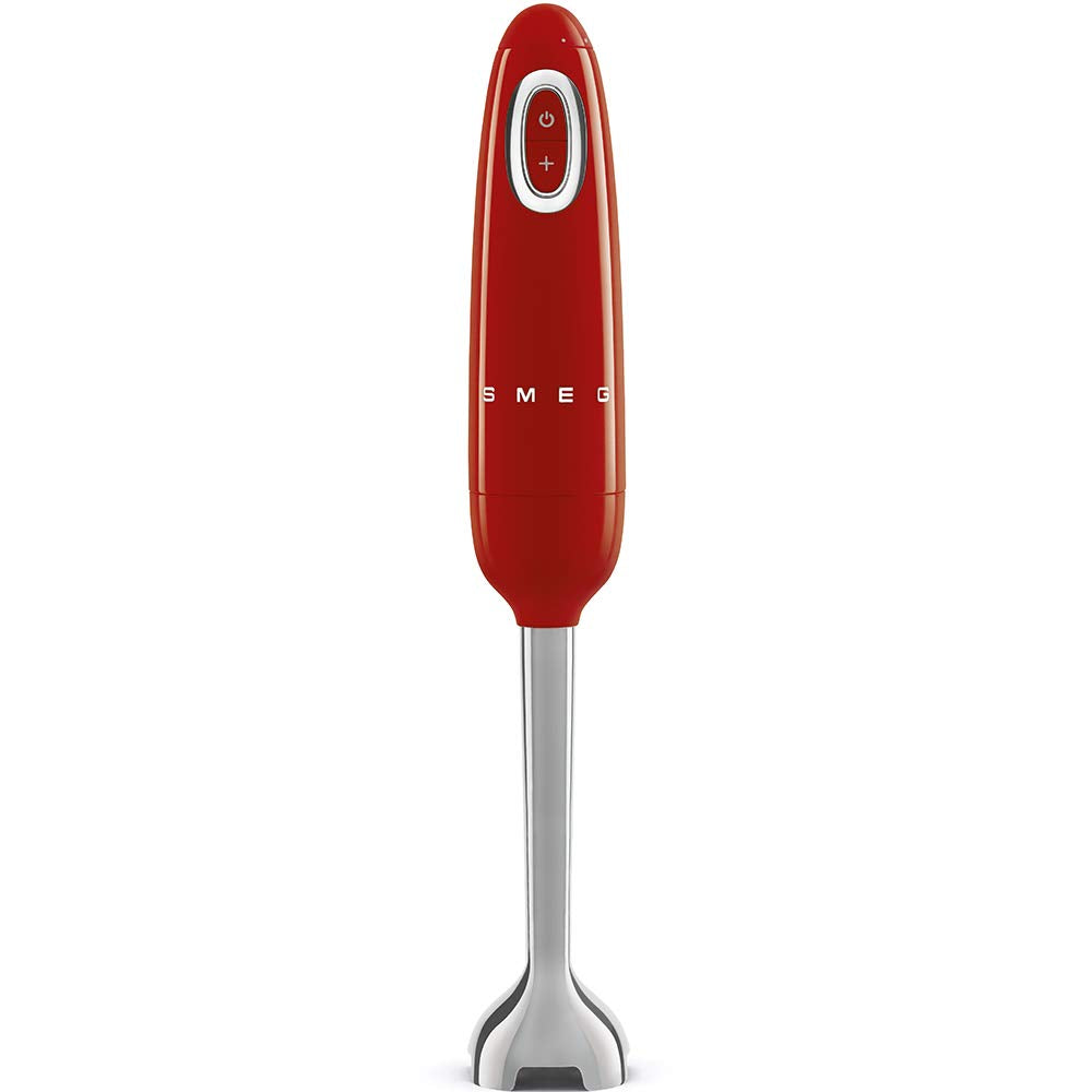 Red handheld blender with Smeg logo on a white background