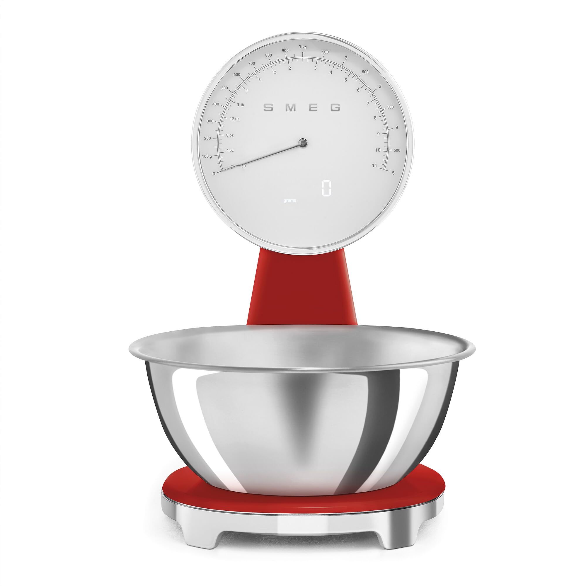 Front of a red Smeg retro style analog digital kitchen scale with a silver bowl on a white background