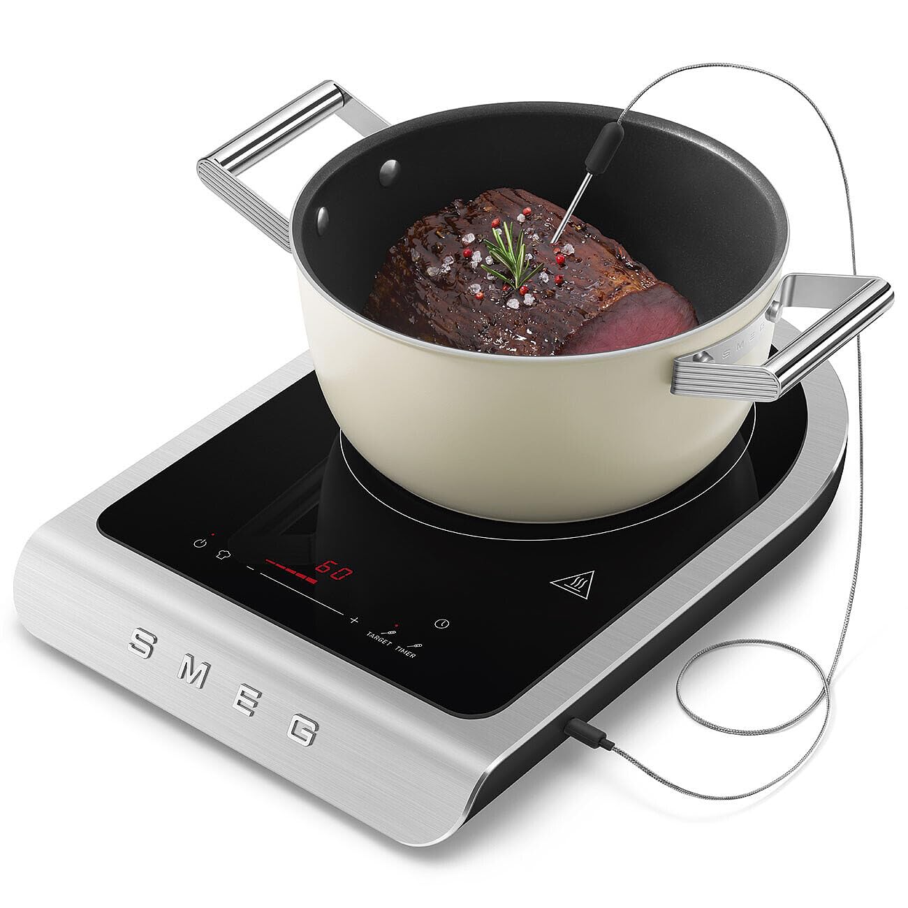 Induction cooktop with a pot of beef being cooked and showing the temperature probe being used on a white background