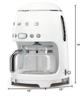 White Smeg retro line drip coffee machine on a white background with the dimensions of the machine