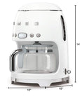 White Smeg retro line drip coffee machine on a white background with the dimensions of the machine