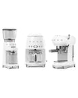White Smeg retro line tritan renew coffee grinder, drip coffee maker, and espresso machine on a white background