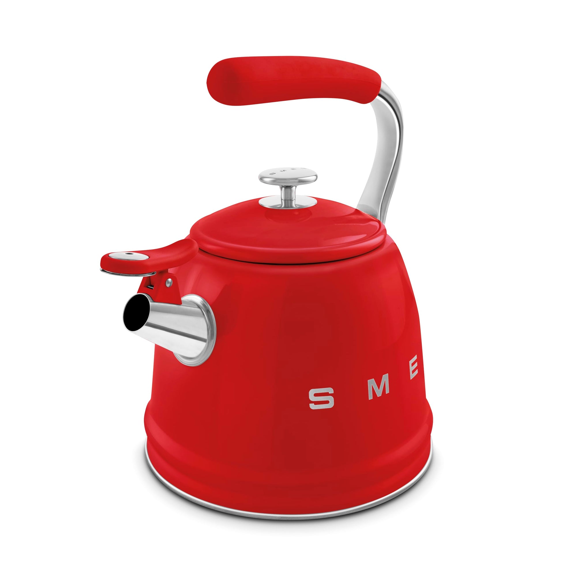 Red stovetop kettle with silver features on a white background