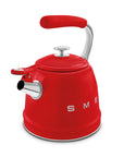 Red stovetop kettle with silver features on a white background