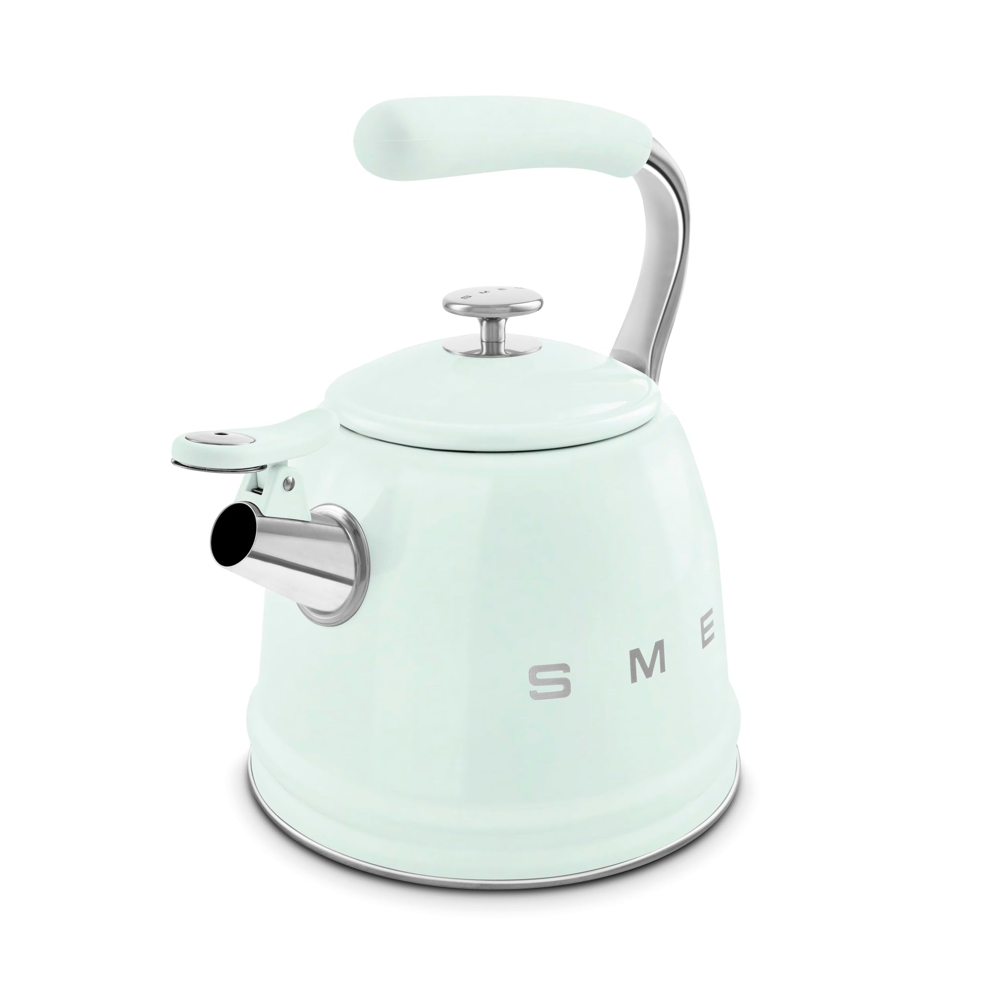 Mint green stovetop kettle with silver features on a white background