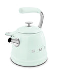 Mint green stovetop kettle with silver features on a white background