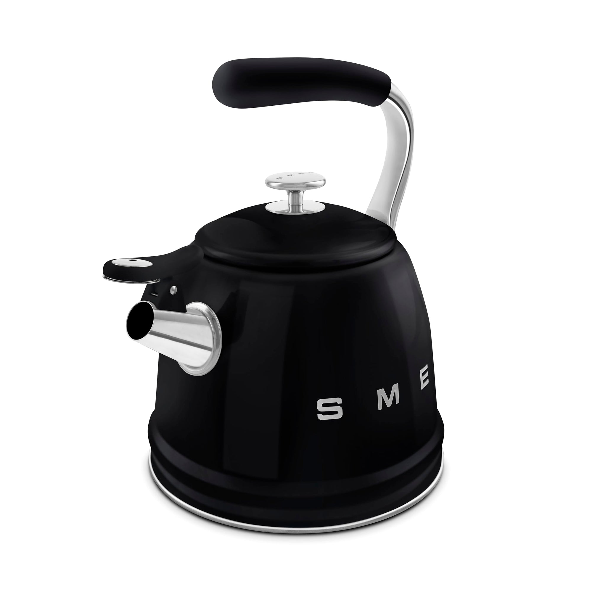 Black stovetop kettle with silver accents on a white background
