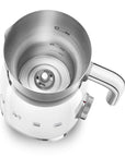 Inside look of white Smeg retro line tritan renew milk frother on a white background