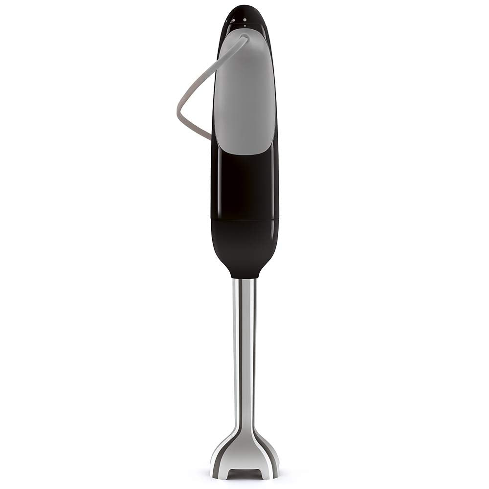 Black and silver handheld blender on a white background