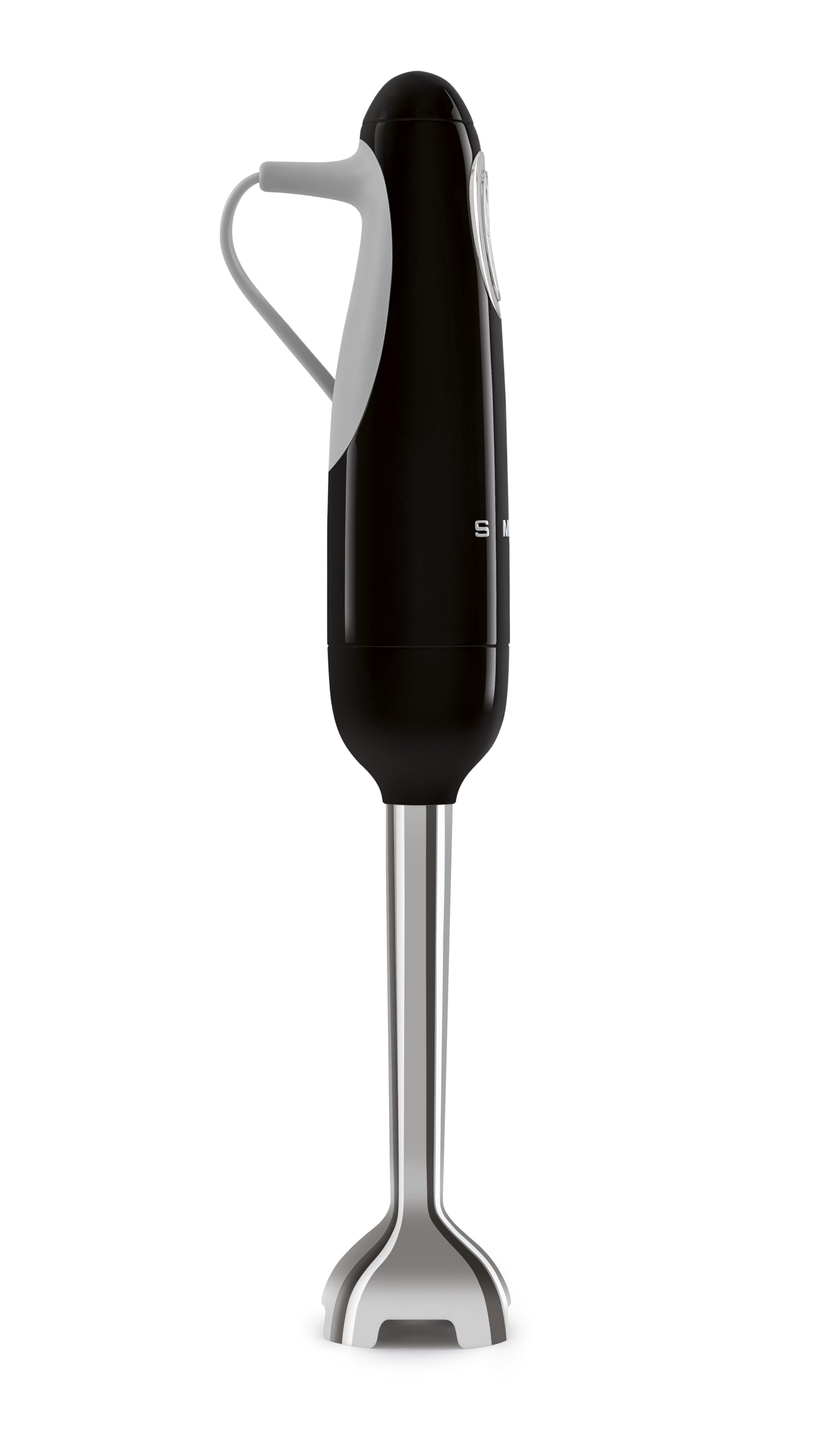 Black handheld blender on a white background