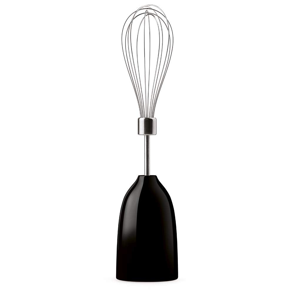 Steal whisk with a black handle on a white background