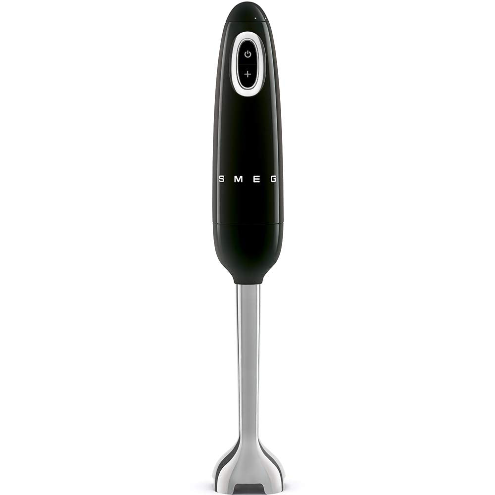 Black handheld blender with Smeg branding on a white background