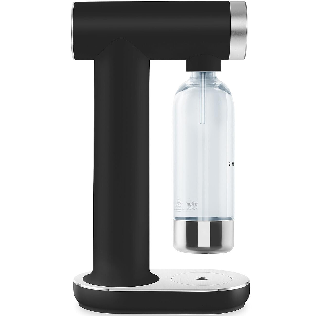 Black soda maker with a clear bottle attachment on a white background