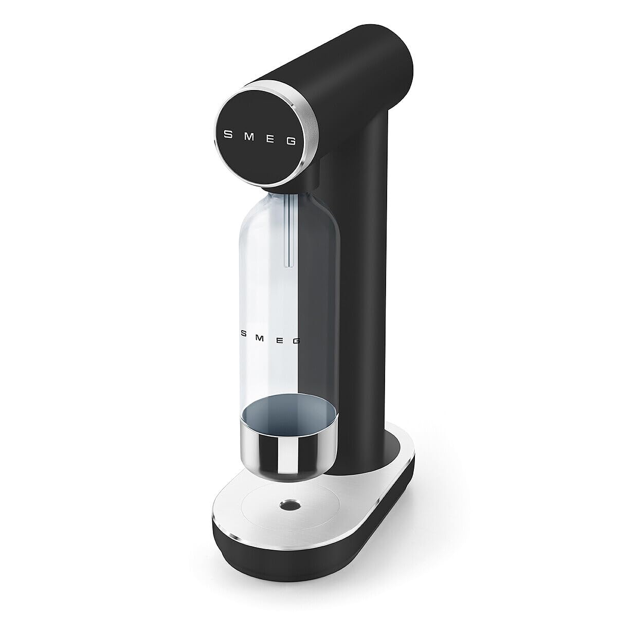 Black soda maker with 'Smeg' branding and a clear bottle on a white background