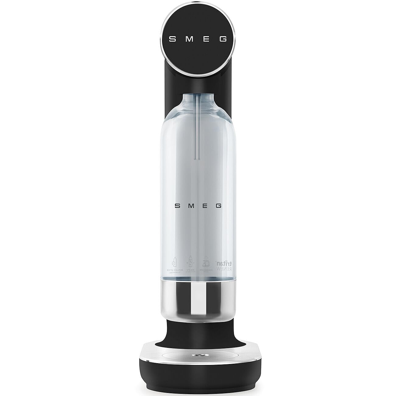 Smeg bottle on a black soda maker on a white background