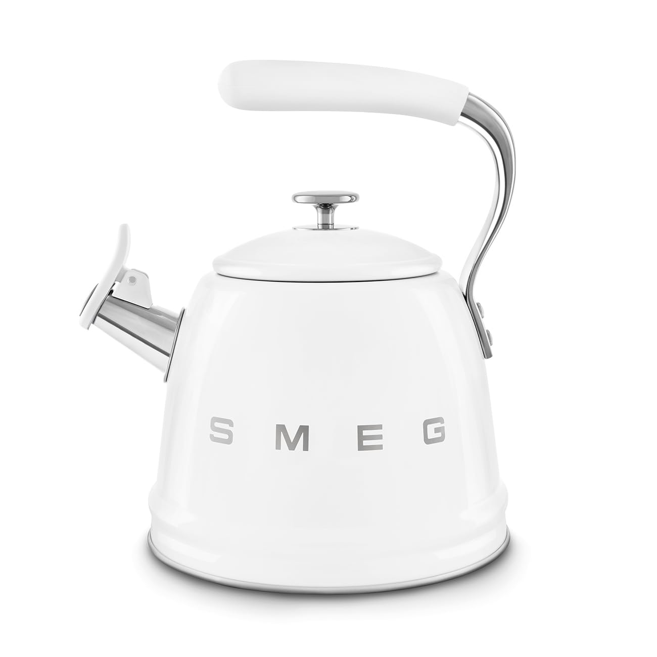 White stovetop kettle with 'Smeg' branding and silver features on a white background