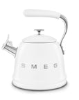 White stovetop kettle with 'Smeg' branding and silver features on a white background