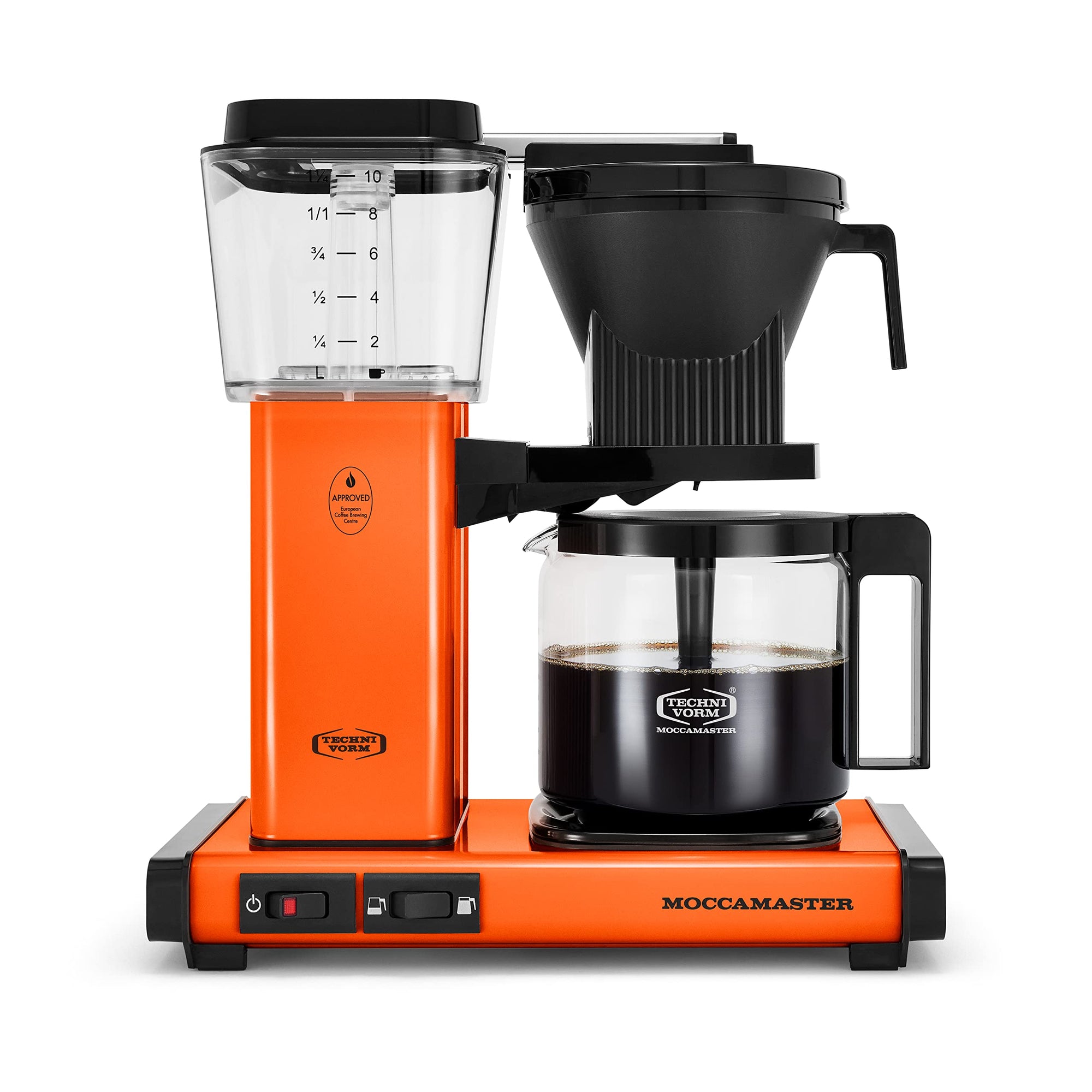 Orange Moccamaster coffee maker on a white background