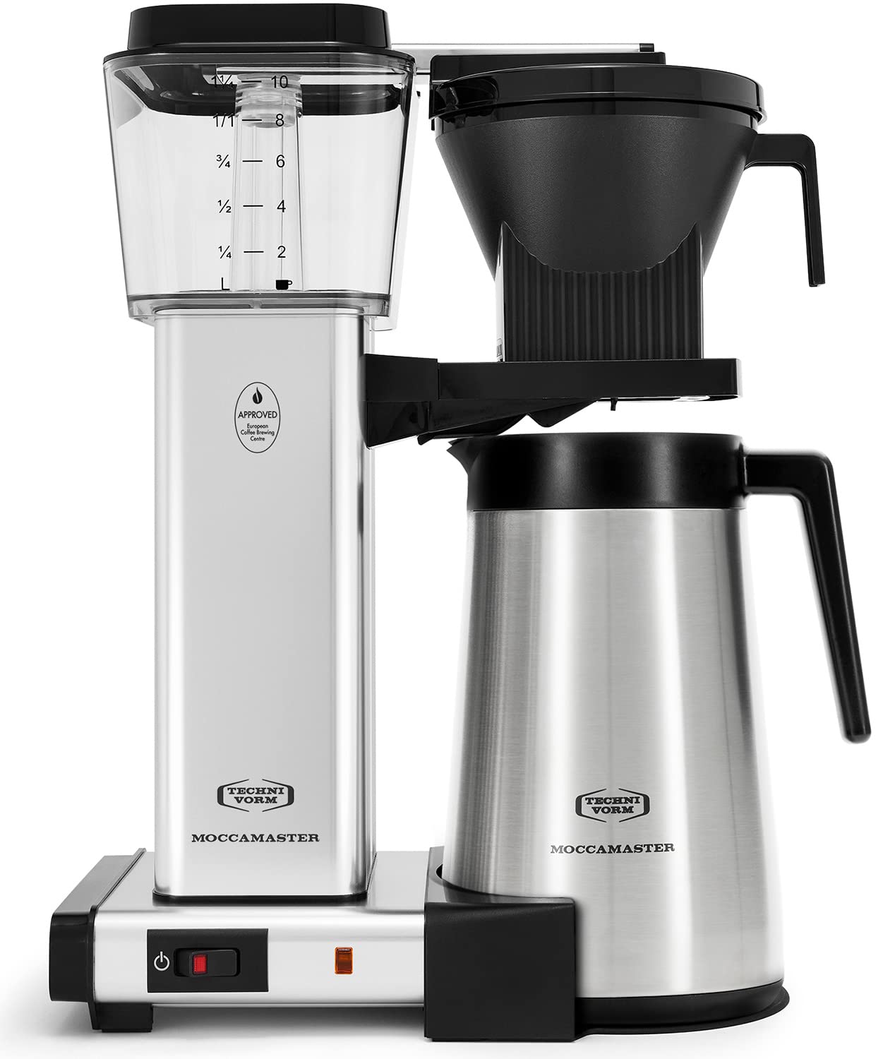A silver Technivorm Moccamaster KBGT 741 Coffee Brewer with a glass carafe, stainless steel thermal carafe, and a cone-shaped filter on white background.
