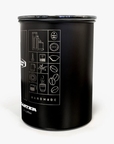 Side view of Black Moccamaster coffee storage canister with Technivorm branding on a white background