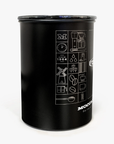 Side view of Black Moccamaster coffee storage canister with Technivorm branding on a white background