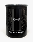 Black Moccamaster coffee storage canister with Technivorm branding on a white background