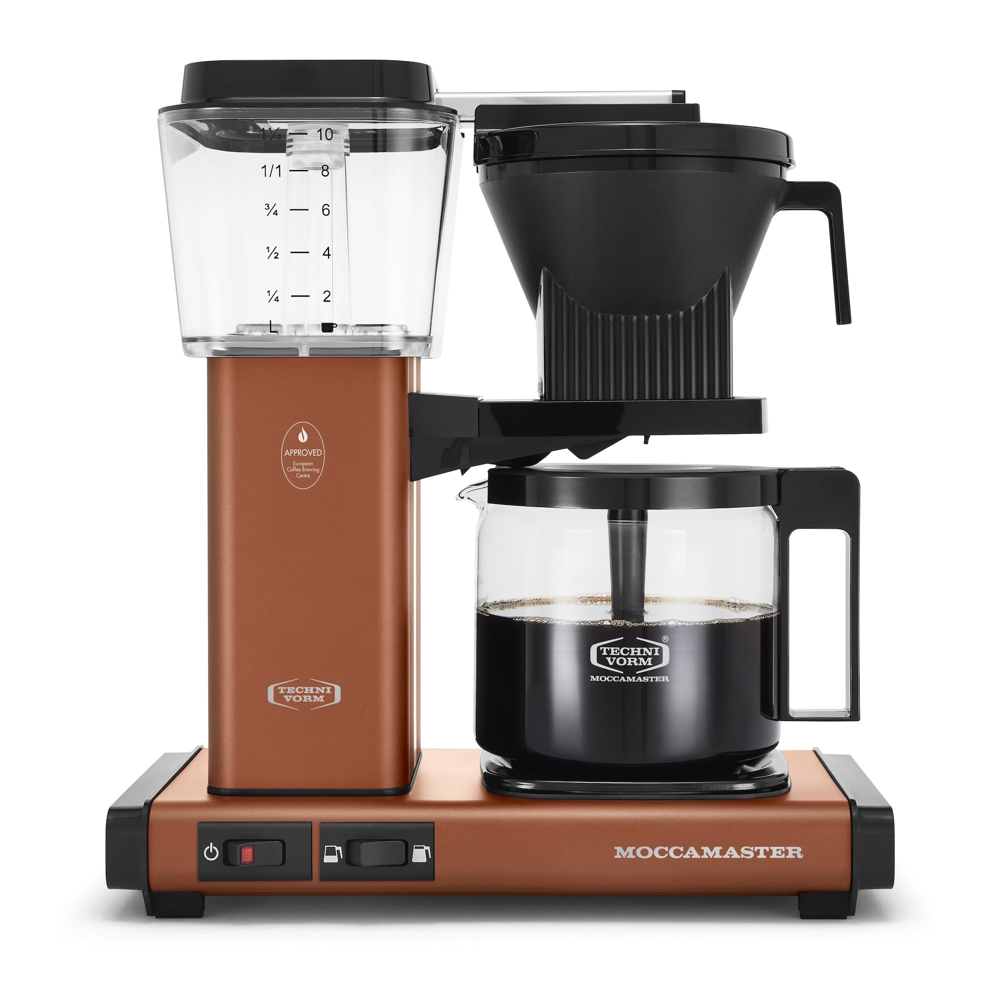 Moccamaster coffee maker with terracotta base and black components on a white background