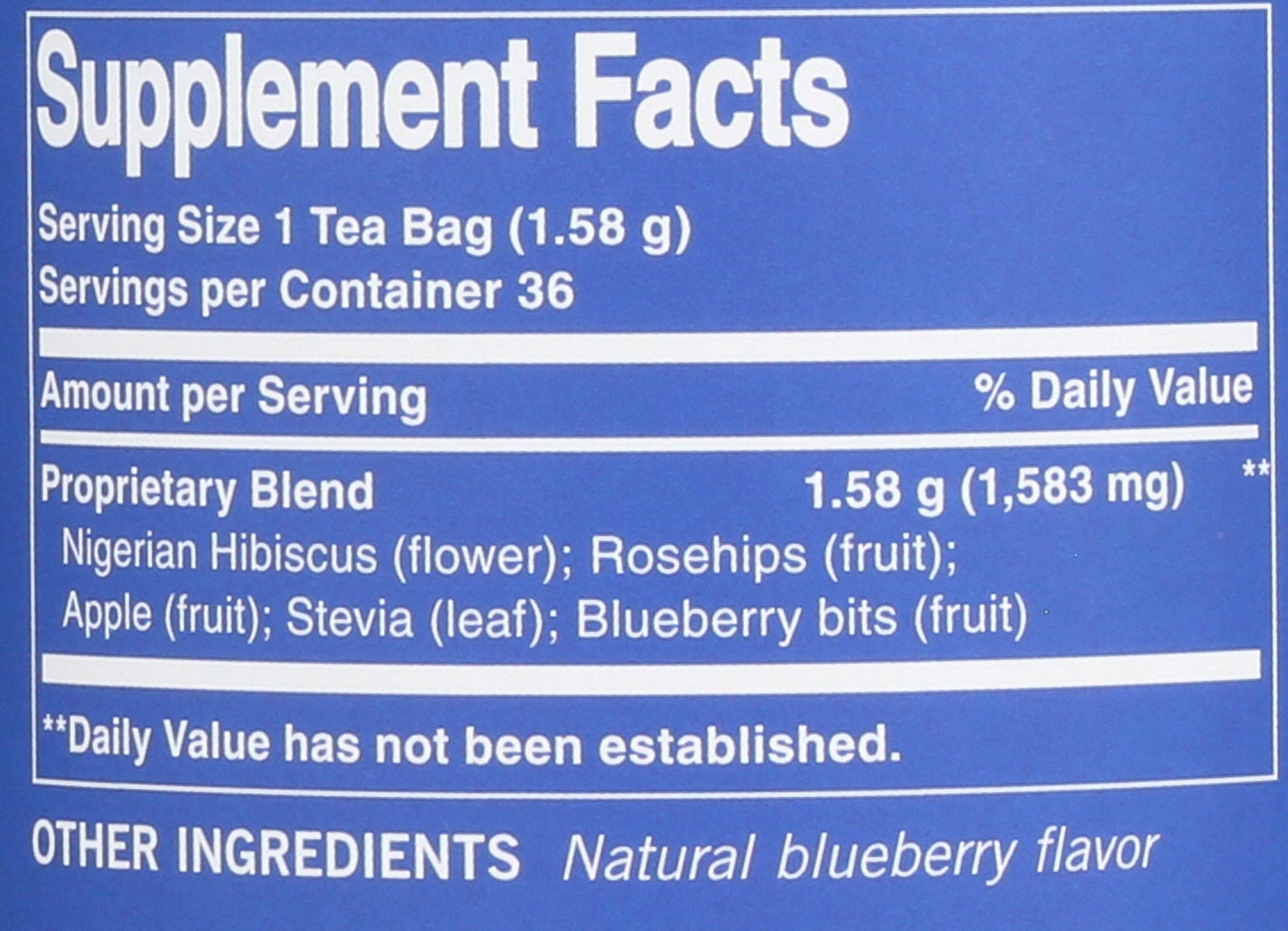 Supplement facts label for a tea product with ingredients listed on a blue background
