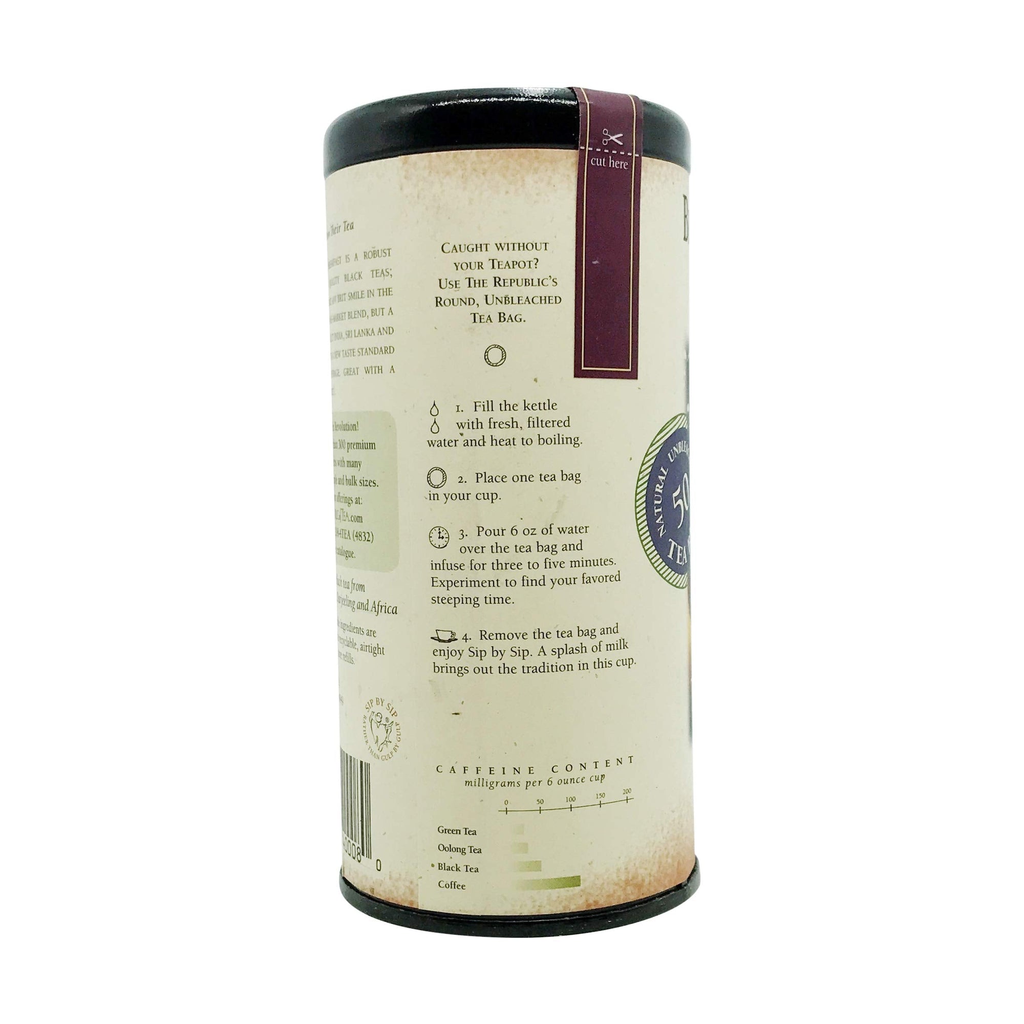 Tea canister with label on a white background