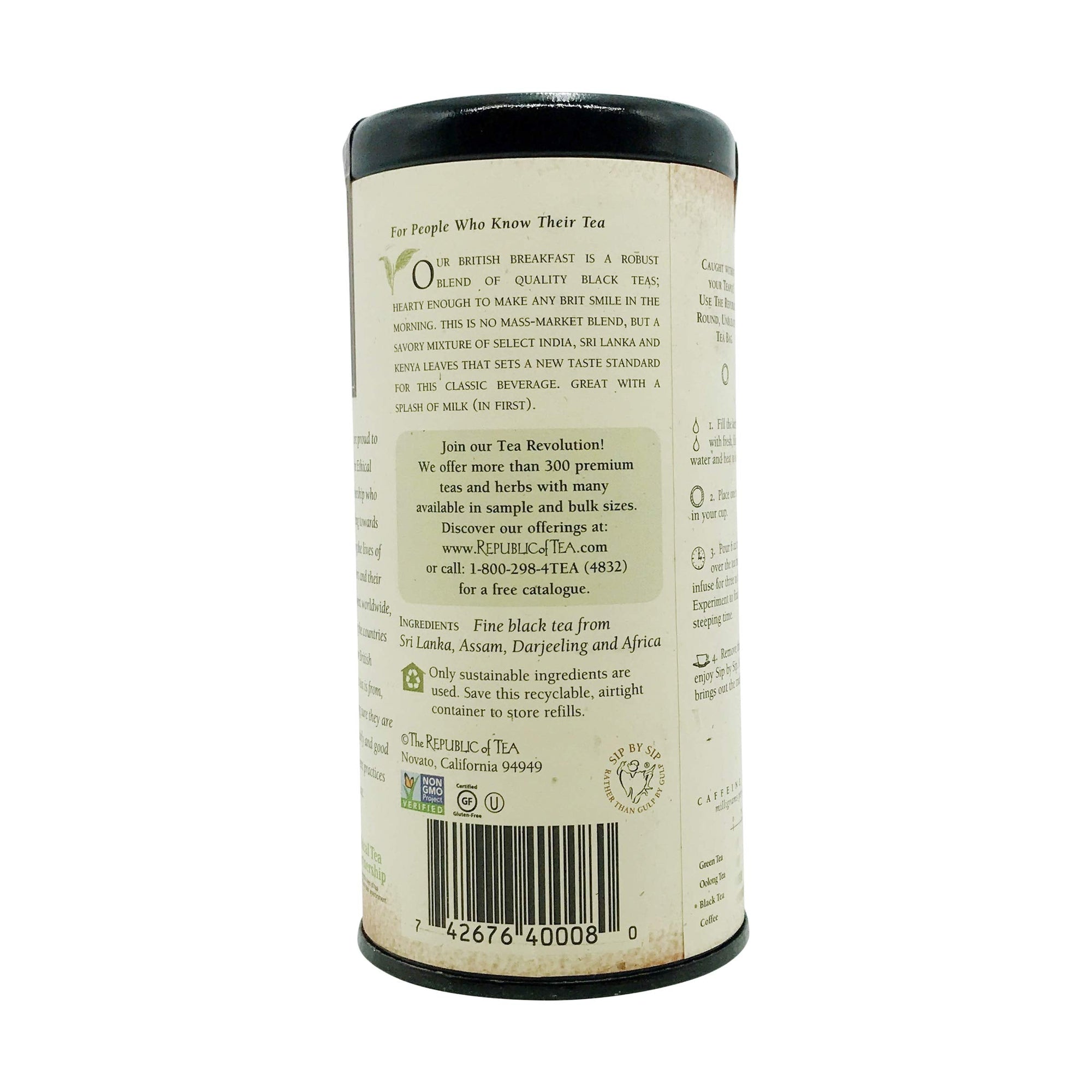 Tea canister label with text and branding on a white background