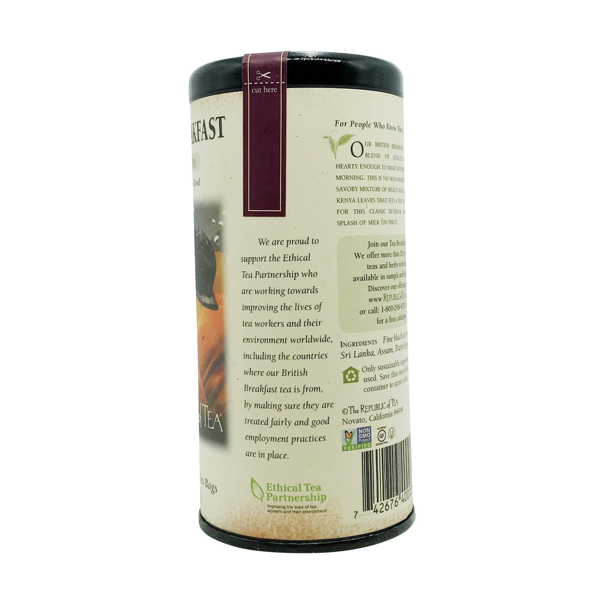 Tea canister label with text and branding on a white background