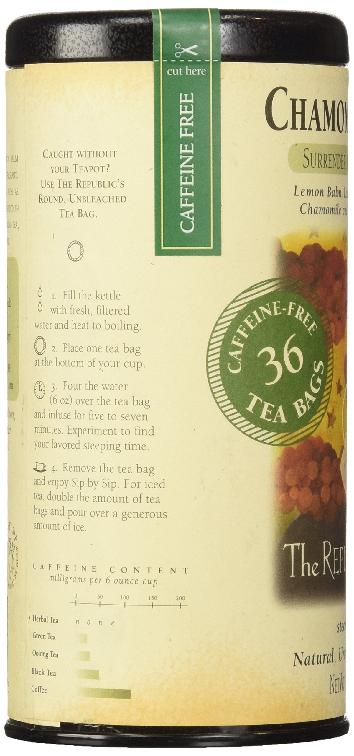 Caffeine-free tea package with lemon and chamomile flavor on a beige background