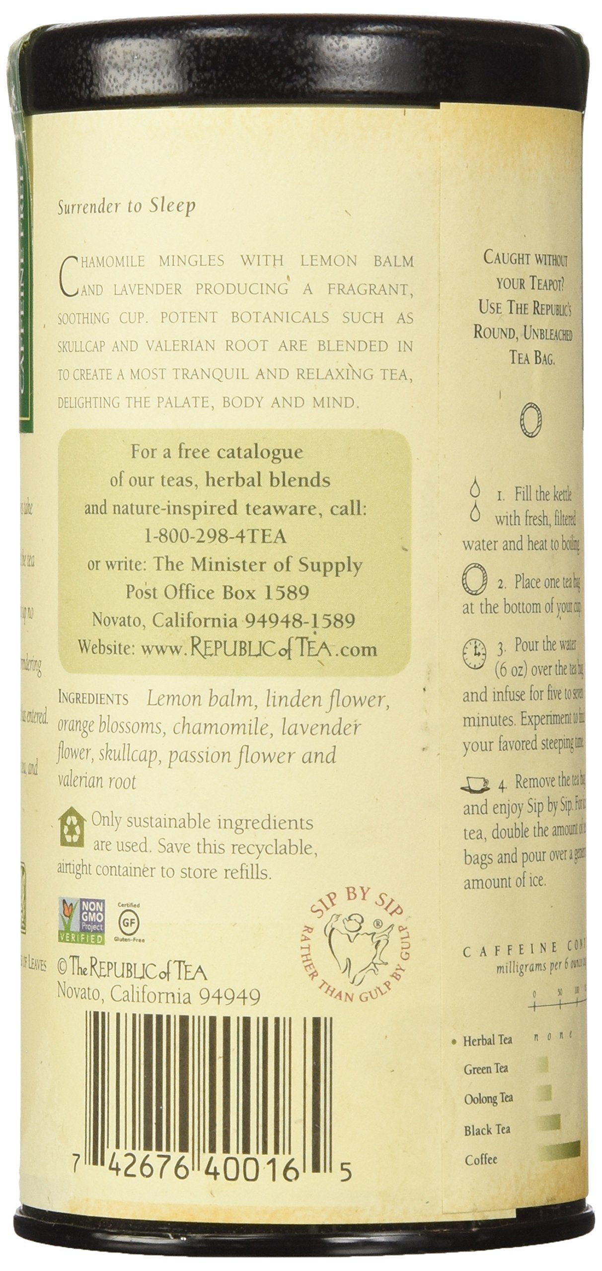 Tea canister with text and branding on a white background
