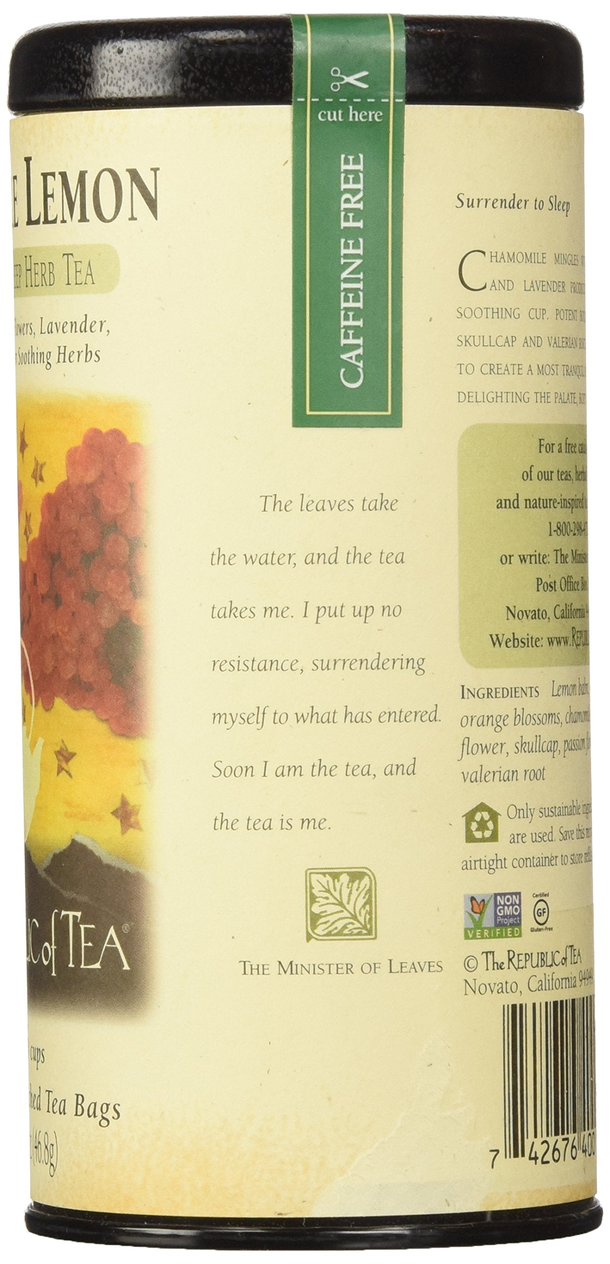 Container of 'Lemon' iced tea with a black lid, featuring text and images on the label.