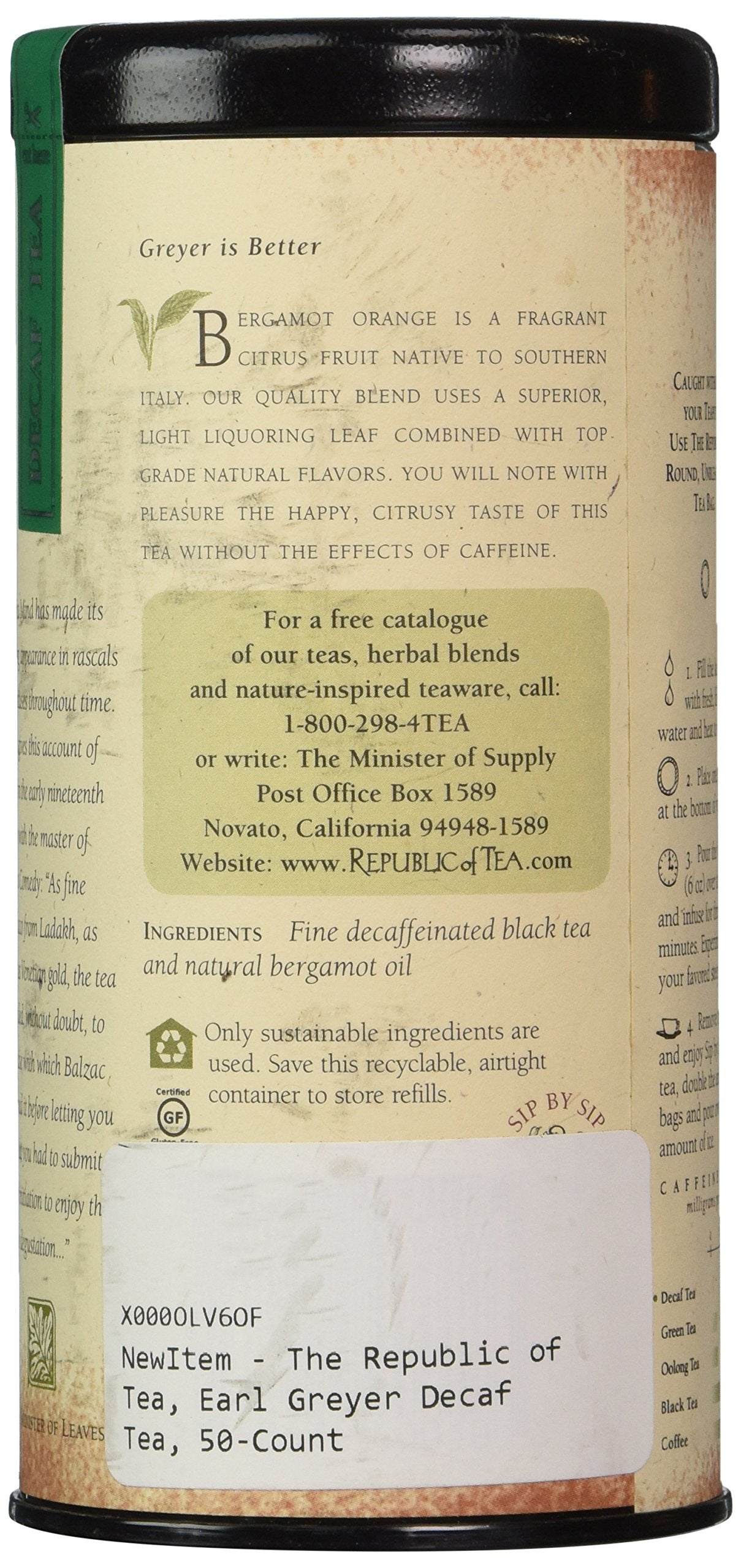 Tea canister with text and branding on a beige background