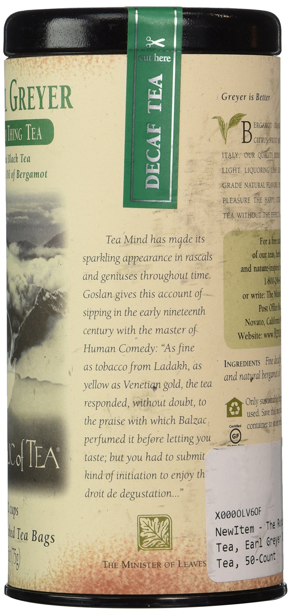 Tea canister with text and branding on a beige background