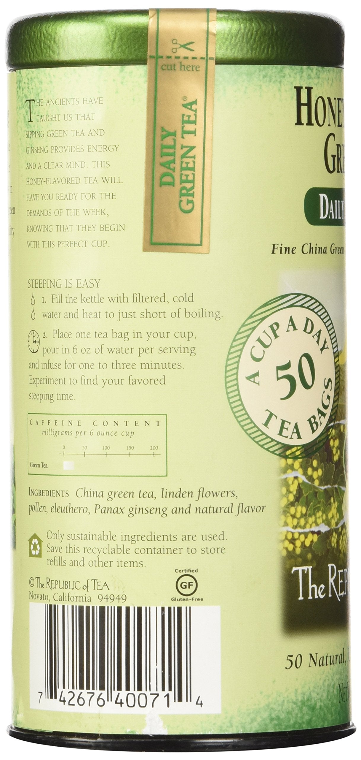 Tea canister with green label and text on a white background