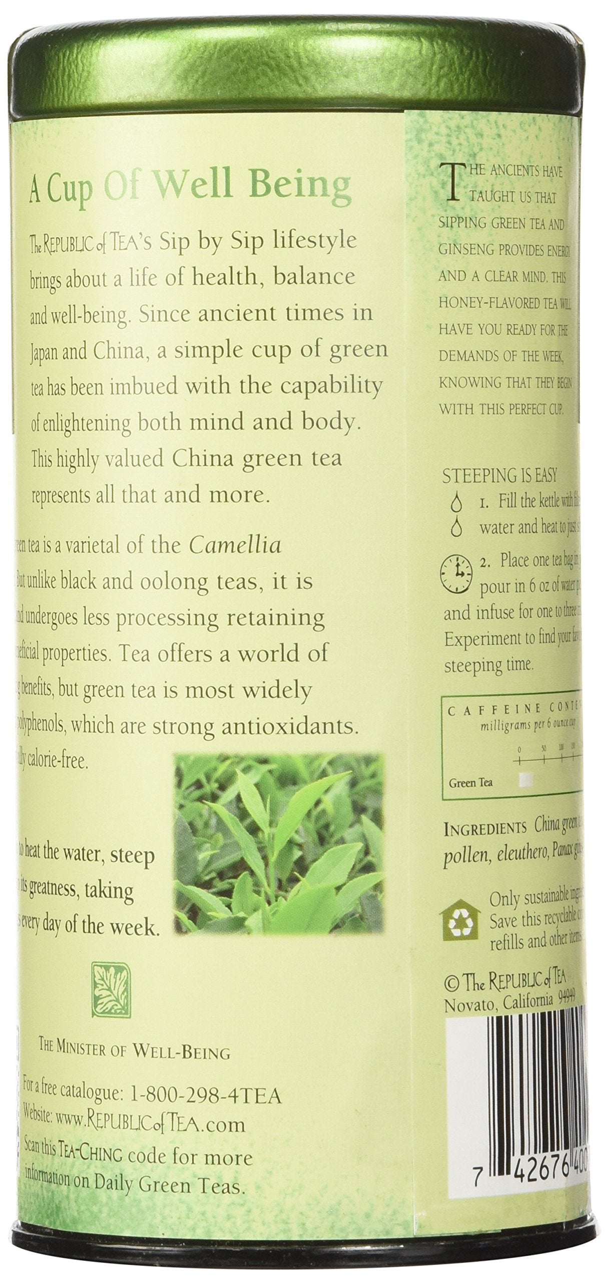 Tea canister with green label and text on a white background