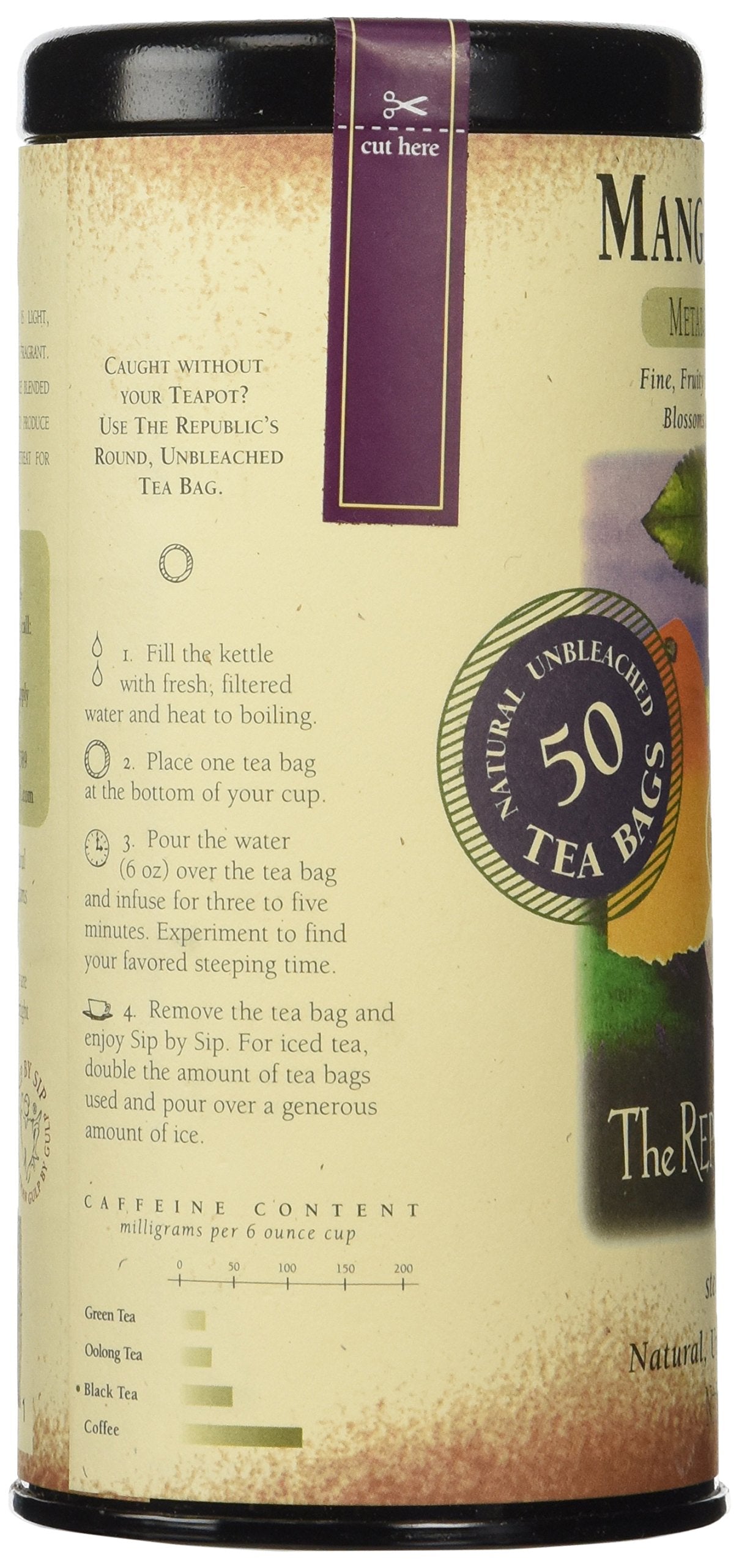 Tea container with brand name and instructions on a beige background