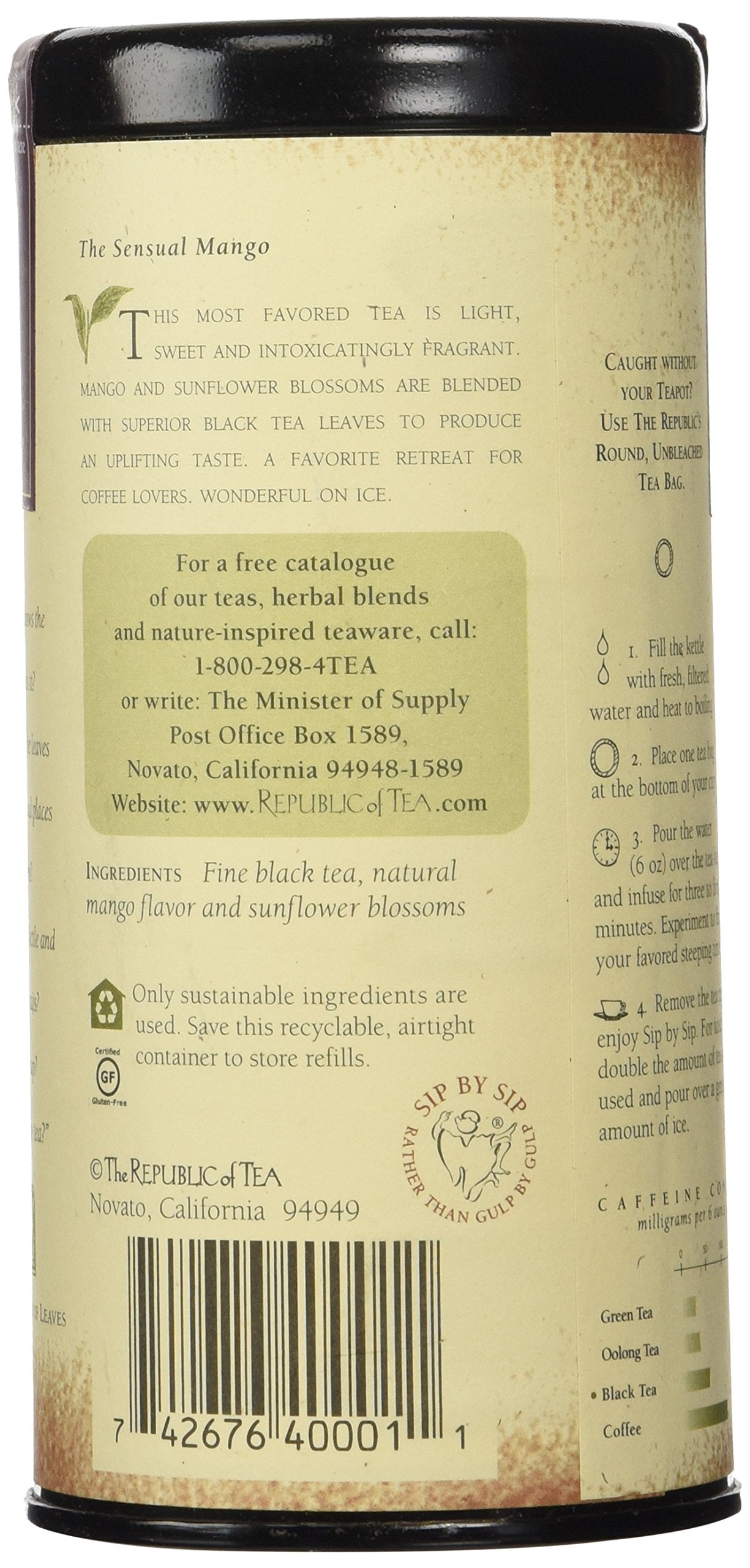 Tea canister with text and branding on a beige background