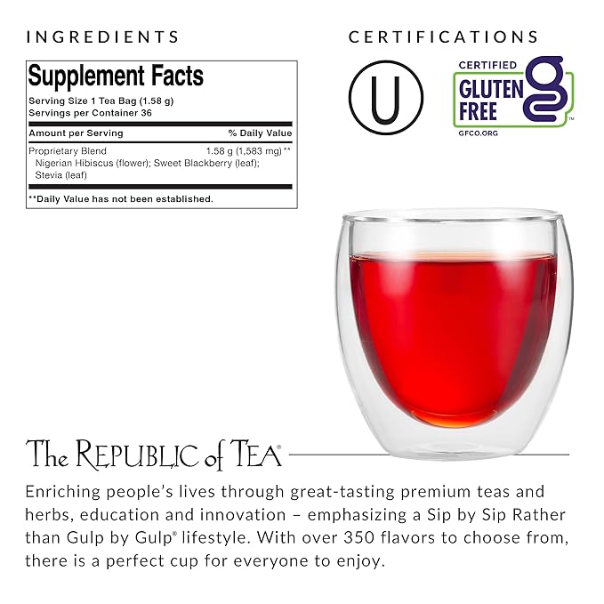 Tea packaging with supplement facts, certifications, and a glass of red tea.