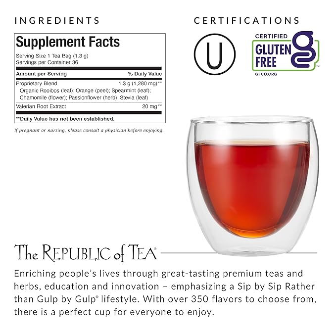 Tea packaging with supplement facts, certifications, and a glass of tea.